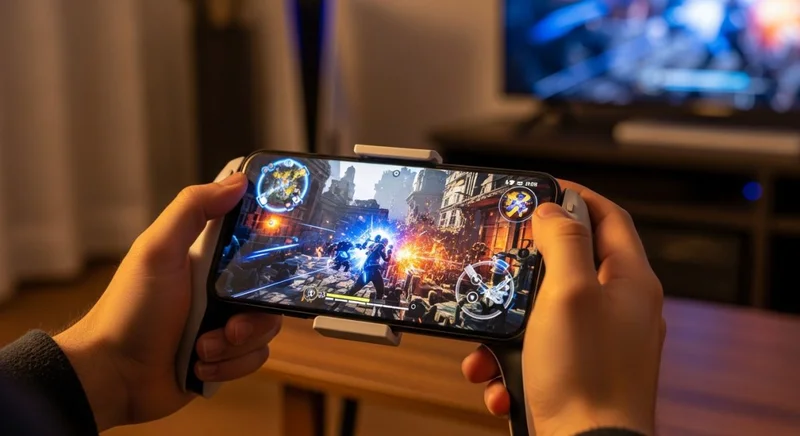 Manos sosteniendo un smartphone con mando DualSense de PlayStation 5