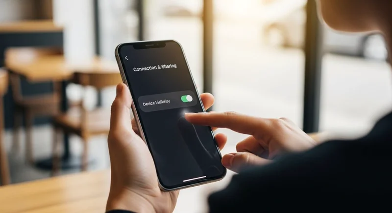 Manos sosteniendo un smartphone con menú de ajustes de conexión