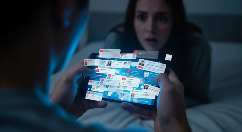 Manos sosteniendo un smartphone con notificaciones caóticas y urgentes