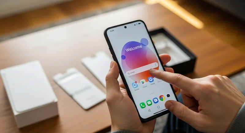 Manos sosteniendo un smartphone nuevo durante la configuración inicial