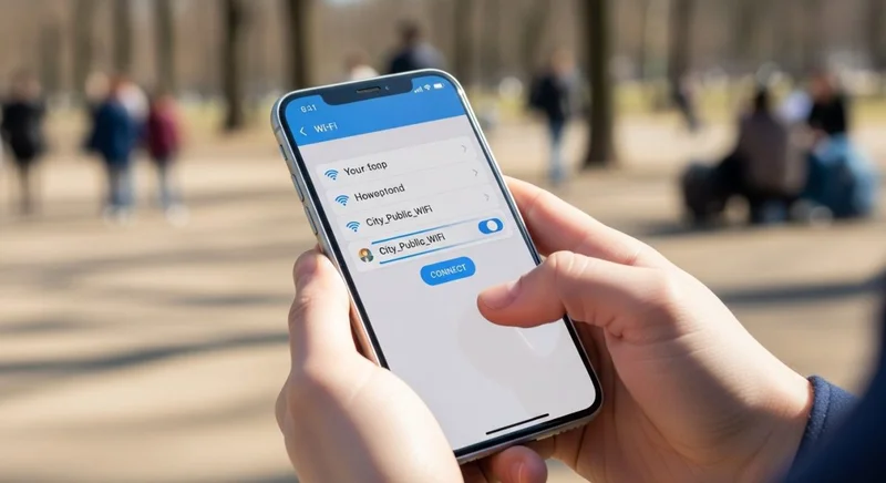 Manos sosteniendo un smartphone que muestra la configuración de Wi-Fi al aire libre en un parque