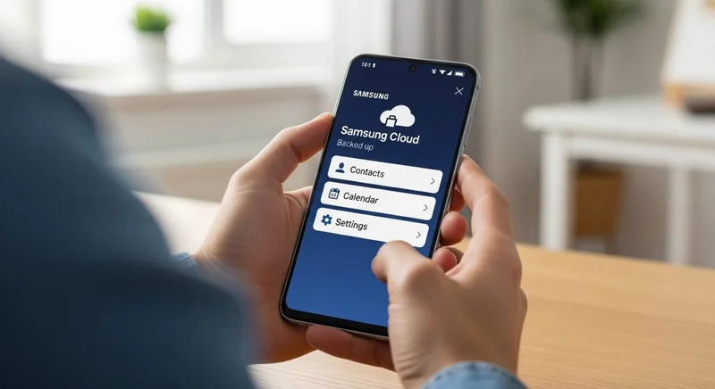 Manos sosteniendo un smartphone Samsung con interfaz de Samsung Cloud