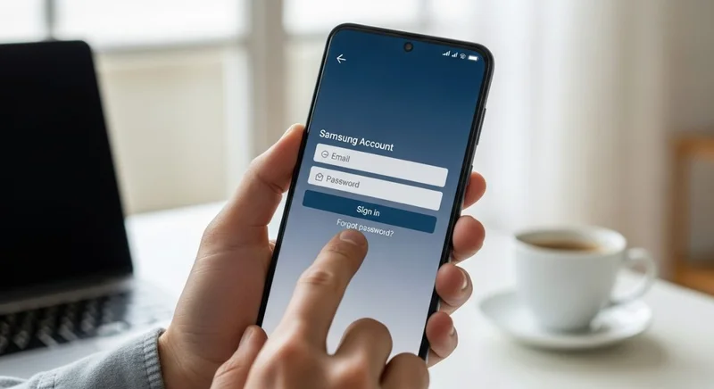 Manos sosteniendo un smartphone Samsung Galaxy en casa moderna