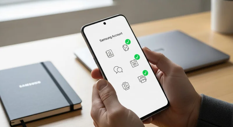 Manos sosteniendo un smartphone Samsung Galaxy mostrando ajustes de cuenta