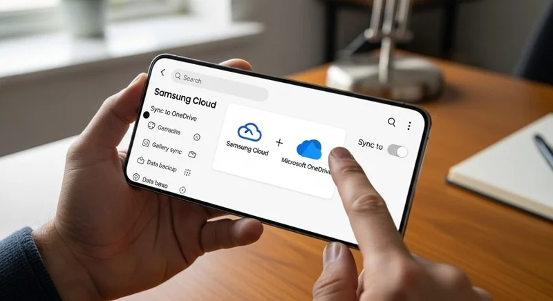 Manos sosteniendo un smartphone Samsung Galaxy mostrando logos de Samsung Cloud y OneDrive