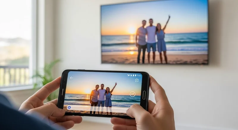 Manos sosteniendo un smartphone Samsung mostrando foto familiar en pantalla