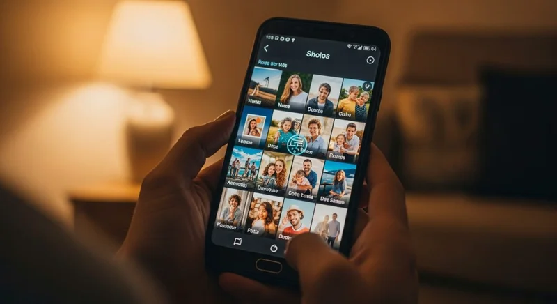 Manos sosteniendo un smartphone Samsung mostrando fotos de recuerdos