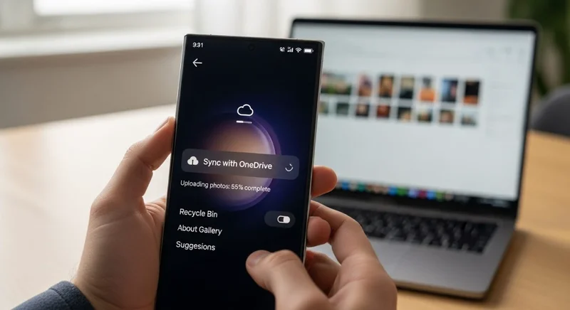 Manos sosteniendo un smartphone Samsung mostrando la app OneDrive