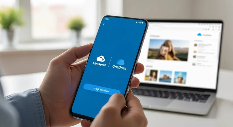 Manos sosteniendo un smartphone Samsung mostrando logos de Samsung Cloud y OneDrive