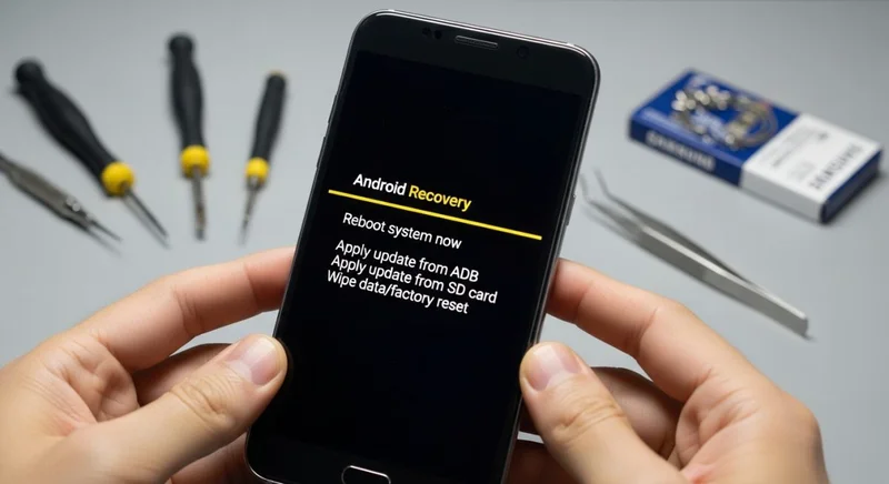 Manos sosteniendo un smartphone Samsung mostrando modo Android Recovery