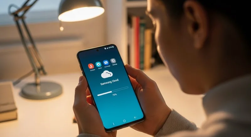 Manos sosteniendo un smartphone Samsung mostrando restauración de datos