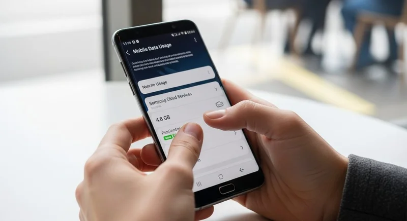 Manos sosteniendo un smartphone Samsung mostrando uso de datos móviles