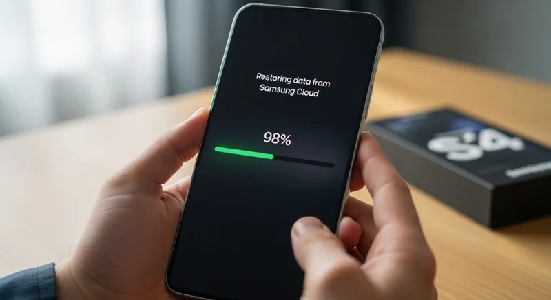 Manos sosteniendo un smartphone Samsung restaurando datos desde Samsung Cloud
