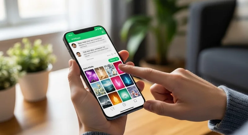 Manos sosteniendo un smartphone seleccionando fondo de pantalla en WhatsApp