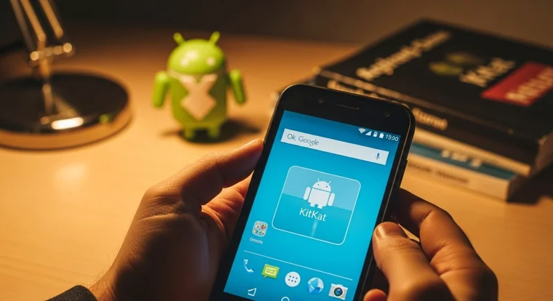 Manos sosteniendo un smartphone vintage con pantalla de Android KitKat