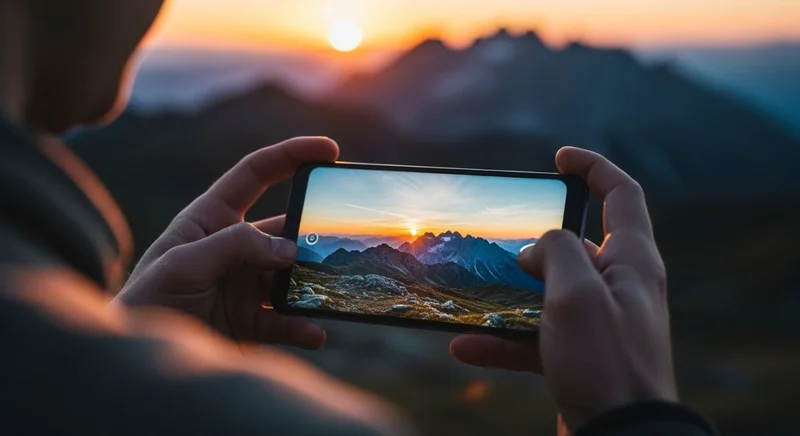 Manos sosteniendo un smartphone Xiaomi con foto de atardecer montañoso