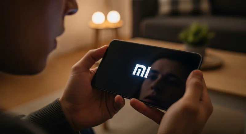 Manos sosteniendo un smartphone Xiaomi con logo Mi en pantalla negra