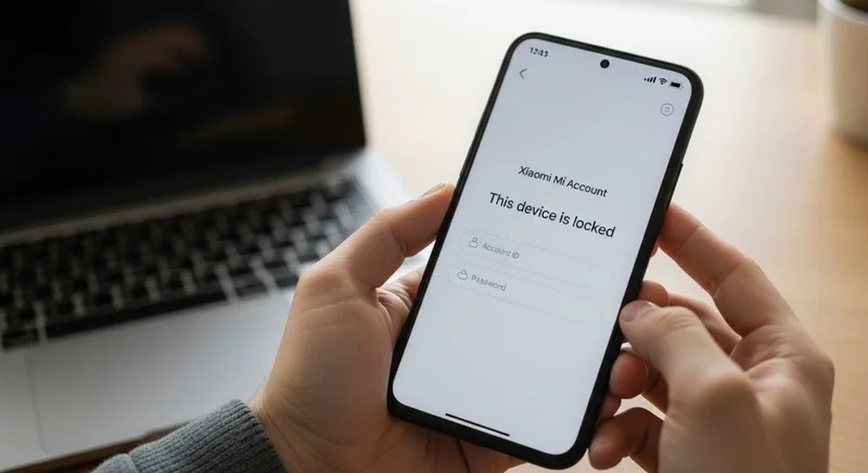 Manos sosteniendo un smartphone Xiaomi con mensaje de bloqueo visible