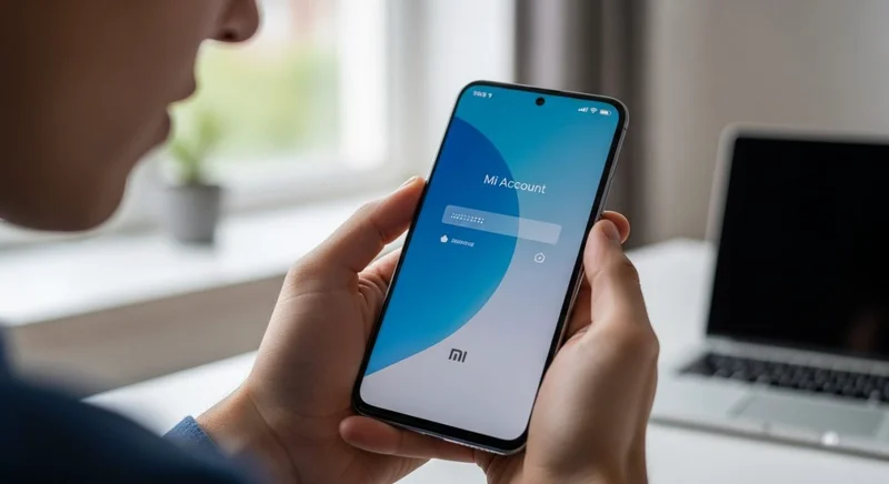 Manos sosteniendo un smartphone Xiaomi con pantalla de bloqueo Mi
