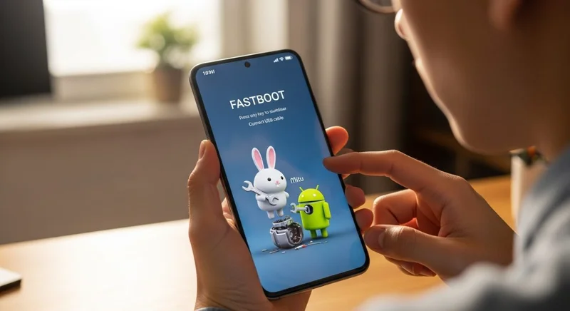 Manos sosteniendo un smartphone Xiaomi en modo Fastboot con mascota Mitu