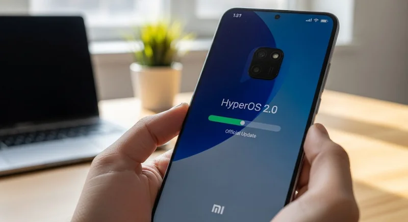 Manos sosteniendo un smartphone Xiaomi mostrando actualización HyperOS 2.0
