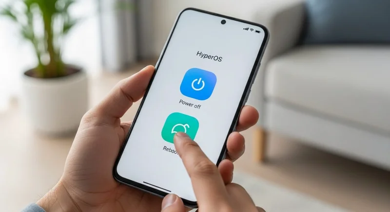 Manos sosteniendo un smartphone Xiaomi mostrando el menú HyperOS