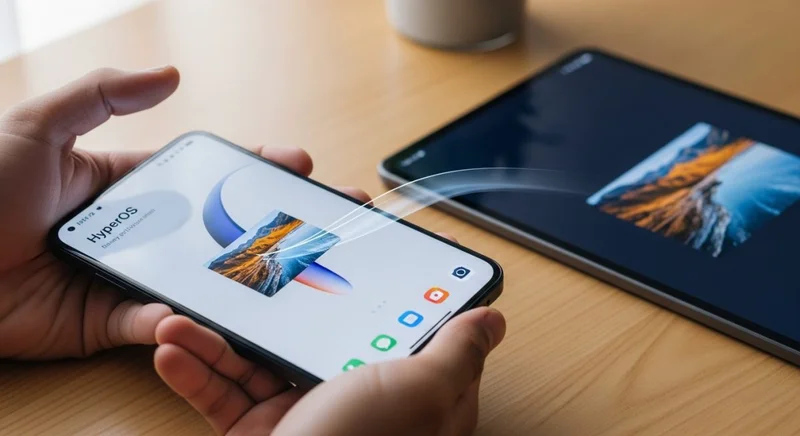 Manos sosteniendo un smartphone Xiaomi mostrando HyperOS en la pantalla