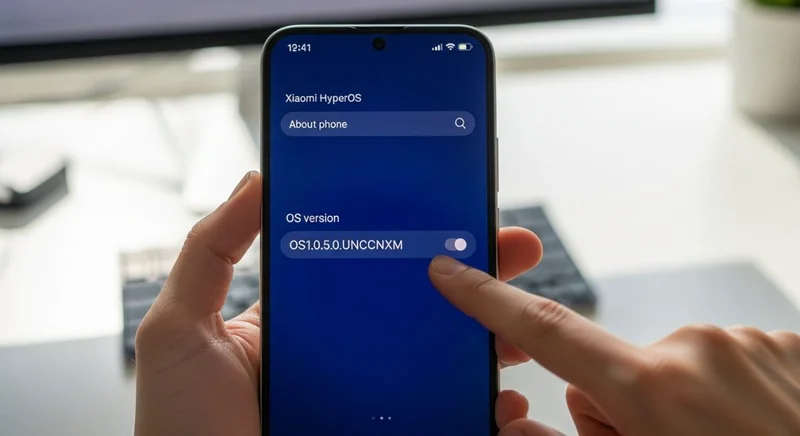 Manos sosteniendo un smartphone Xiaomi señalando la versión del OS