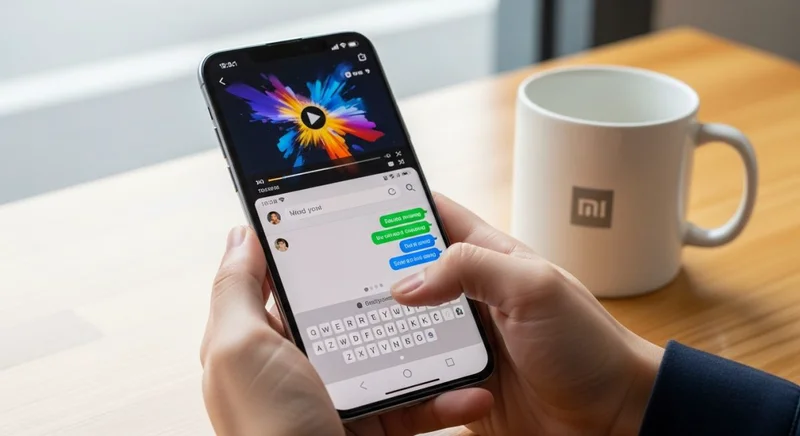 Manos sosteniendo un smartphone Xiaomi usando la función de pantalla dividida