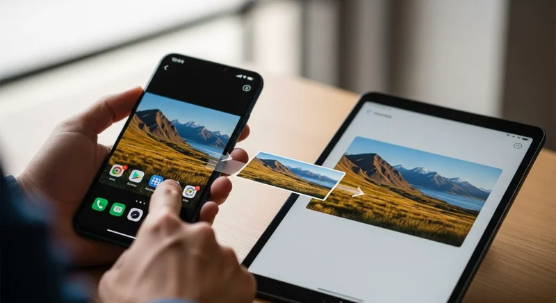 Manos sosteniendo un smartphone y una tablet Xiaomi en escritorio