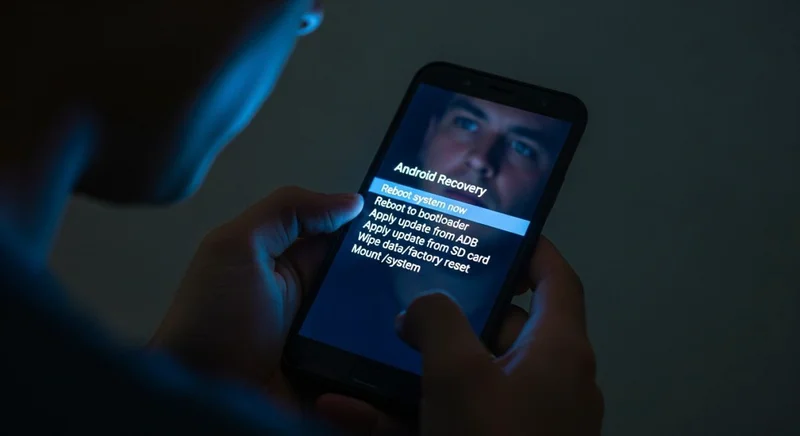 Manos sosteniendo un teléfono inteligente moderno mostrando menú de Android