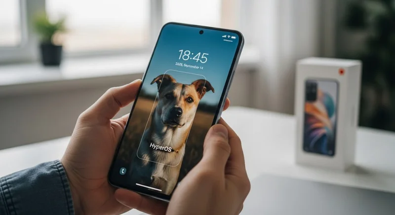 Manos sosteniendo un teléfono Xiaomi con fondo de pantalla HyperOS
