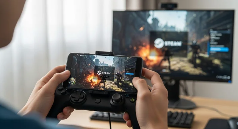 Manos sostienen smartphone con videojuego en sala con PC gaming