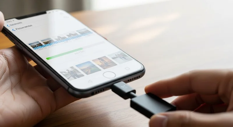 Manos sostienen smartphone conectado a USB con adaptador OTG