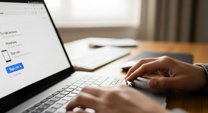 Manos usando trackpad portátil sobre botón Cerrar Sesión Google