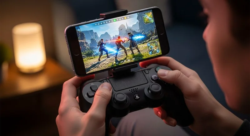Manos usando un controlador Sony PlayStation DualShock 4 con iPhone