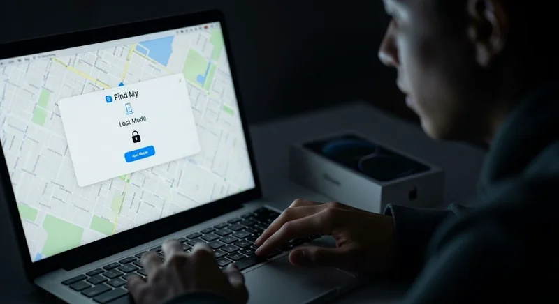 Manos utilizando el trackpad de un laptop con pantalla de Find My