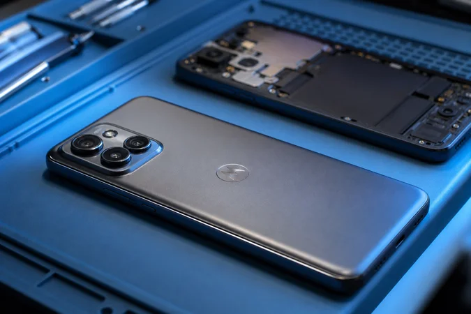 Motorola smartphone sobre alfombra antiestática con logo grabado y circuito