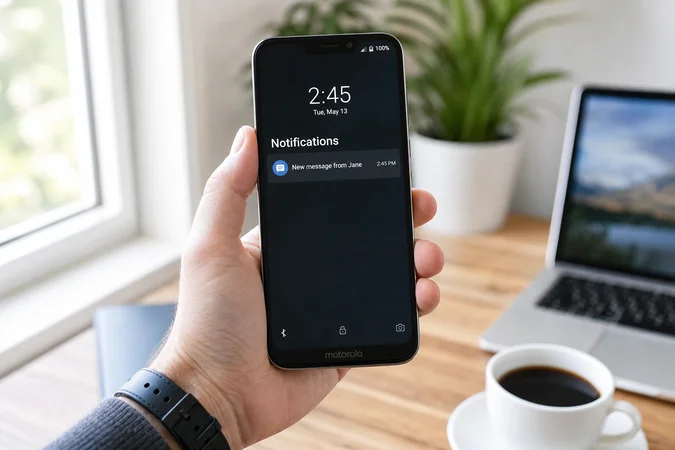 Motorola teléfono Android mostrando pantalla de bloqueo con notificación Jane