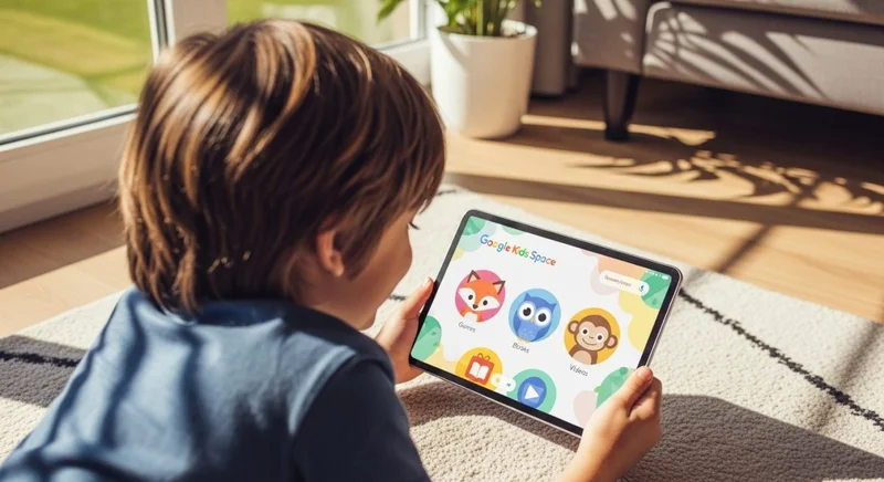 Niño interactuando felizmente con una tablet Android mostrando Google Kids Space