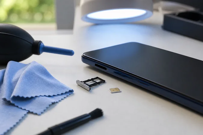 OPPO smartphone SIM tray con logo grabado y accesorios varios