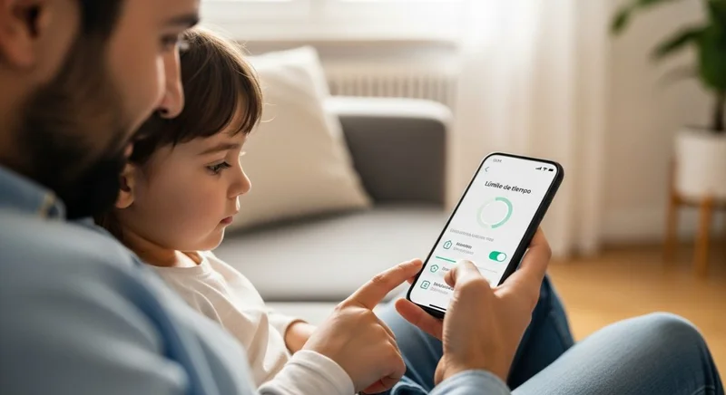 Padre hijo sofá smartphone control parental interfaz salón acogedor