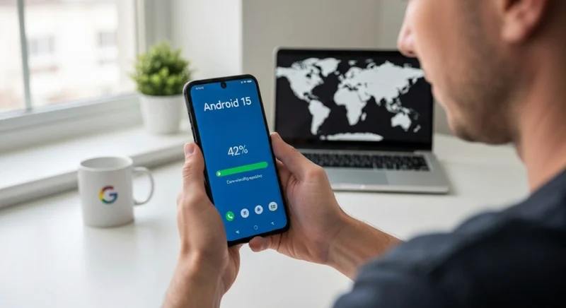 Periodista tecnológico con Google Pixel verificando Android 15 en pantalla