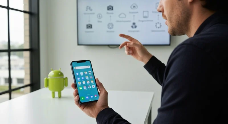 Periodista tecnológico sostiene teléfono Android con pantalla encendida en centro