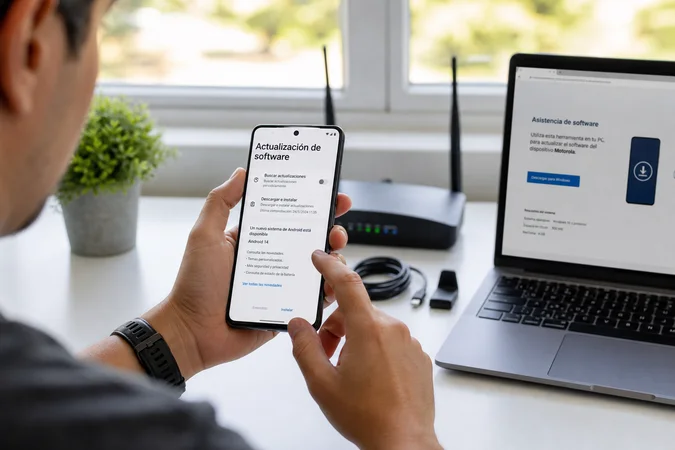 Persona actualizando software en smartphone Motorola con pantalla de actualización Android en español
