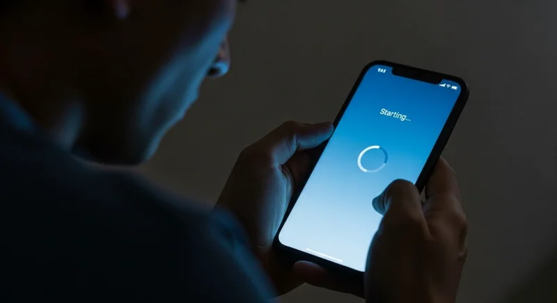 Persona ansiosa sosteniendo un smartphone moderno en habitación oscura