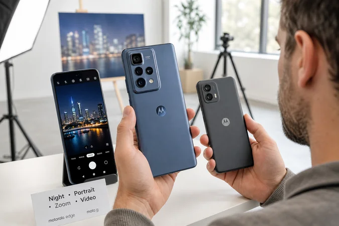 Persona comparando smartphones Motorola Edge y Moto G con cámaras visibles