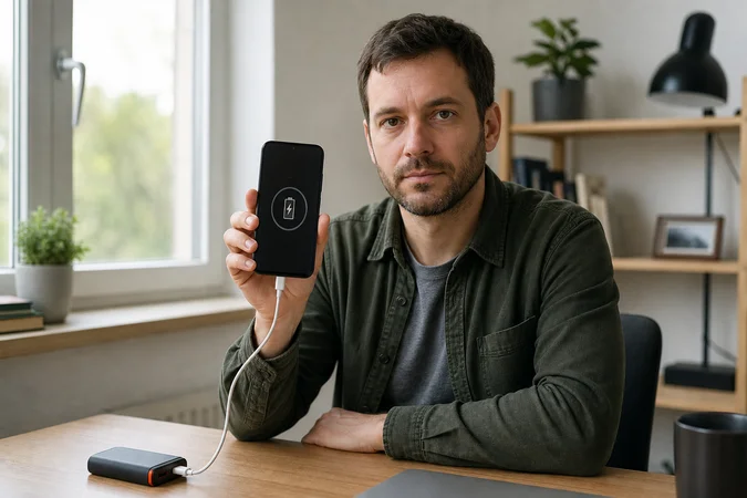 Persona con Android mostrando modo ahorro de batería para emergencias
