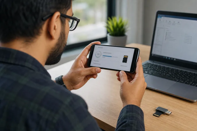 Persona con Android sostiene smartphone en paisaje junto tarjeta microSD