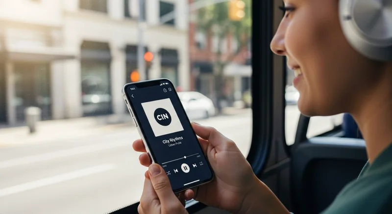 Persona con auriculares modernos usando smartphone con aplicación de radio en bus